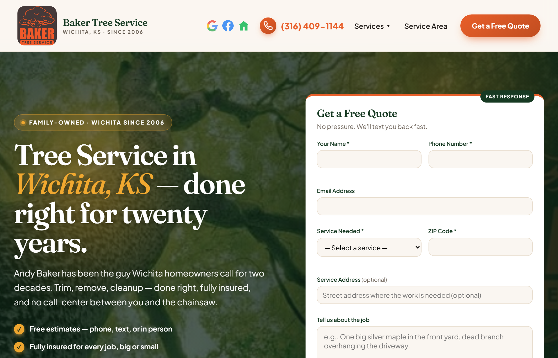 Baker Tree Service website built by Axis Digital Studios