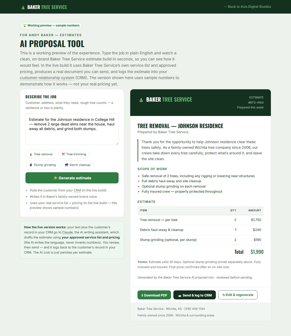 Baker Tree Service AI Proposal Tool built by Axis Digital Studios — describe the job, generate a branded estimate